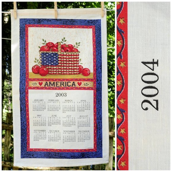 VTG 2004 America Basket Patriotic Calendar Tea Towel Americana by Deb Strain - Picture 1 of 8